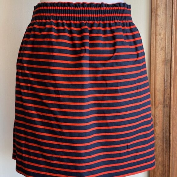 J. CREW Classic Navy Orange Stripe Elastic Waist Linen Mini Sidewalk Skirt 10 - Picture 2 of 14